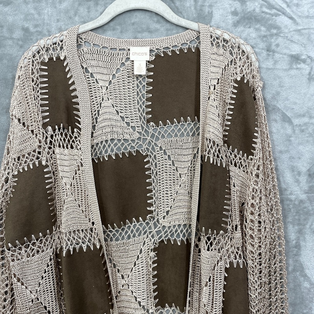 Chicos Crochet Size 3/XL Patchwork Cardigan Longline Faux Suede Beige Brown Boho - Picture 2 of 7